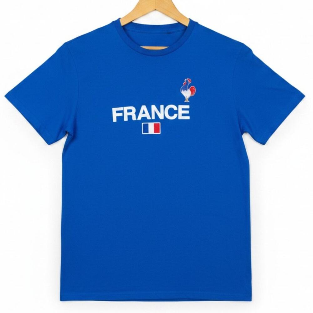 France Tourist Blue Y2K Souvenir T-Shirt 100% Cotton Men XL Paris Flag Rooster